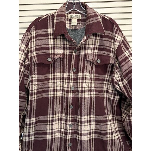 Duluth Burgundy/Cream Plaid Button Up Flannel Jacket Size Large Fleece Lined - Picture 2 of 7